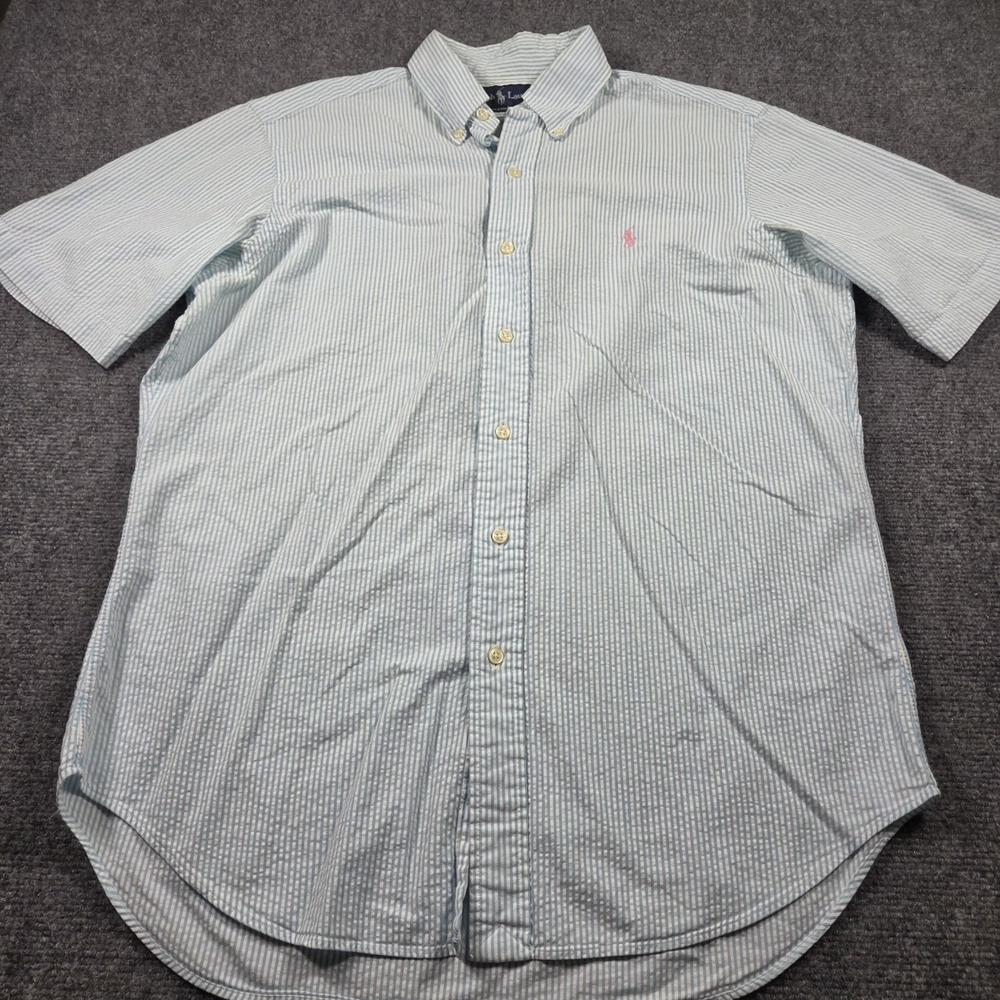 Polo Ralph Lauren Men's M S/S Blue & White Striped Seersucker Shirt Pink Pony